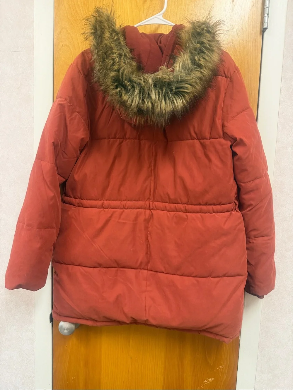 Abercrombie & Fitch Rust-Red Women's Puffer Parka with Faux Fur Hood